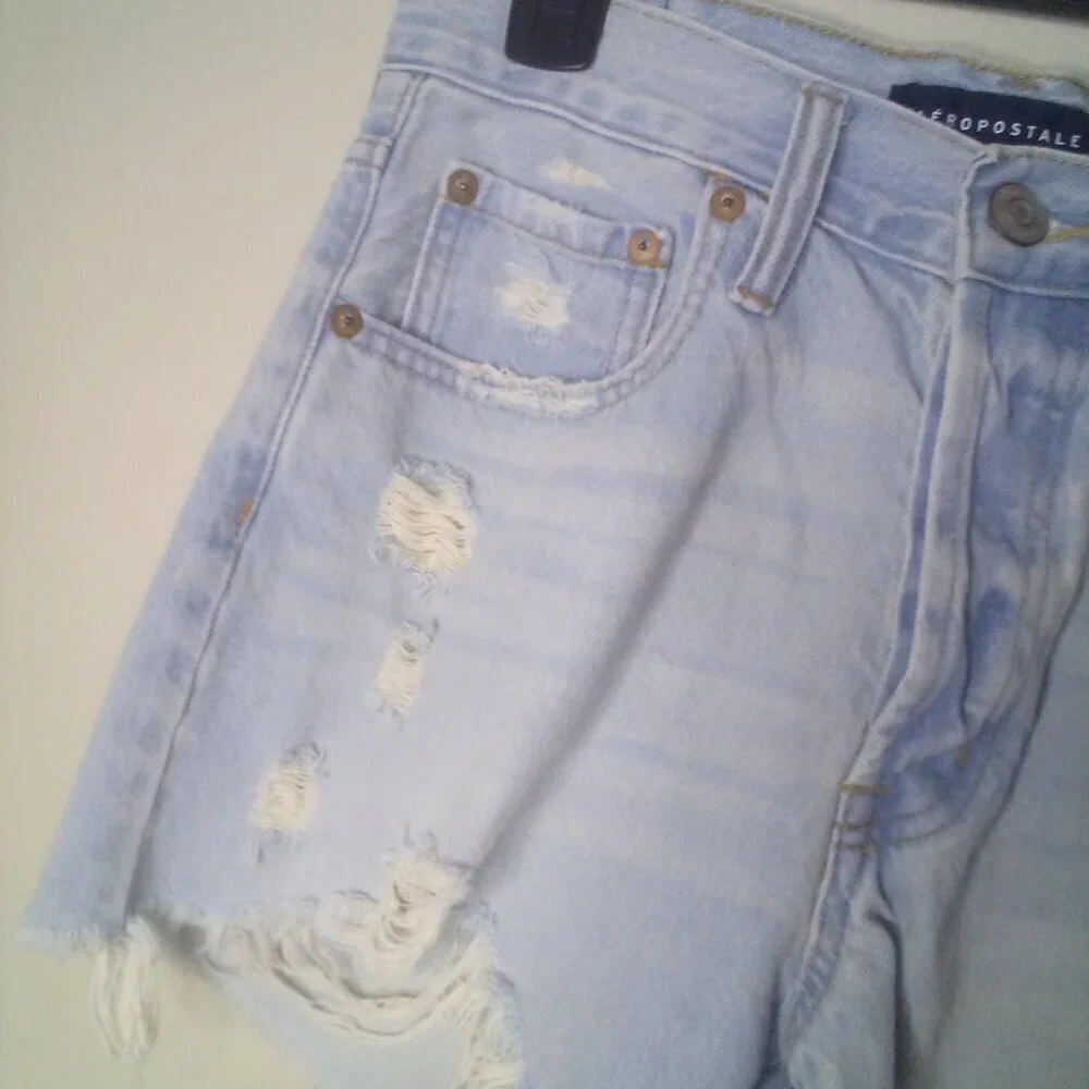 Aeropostale Shorts 6 Women High Rise Cut-Off Button Fly Distressed Raw Hem Blue